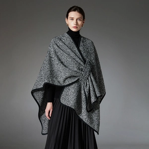 Chic black and white textured tweed wool shawl with side knot and asymmetric hem