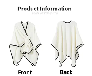 Detailed front and back view of a white shawl wrap with contrasting black trim edging