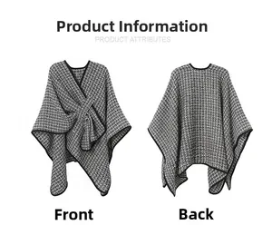 Front and back view of a knit shawl with black and white geometric snowflake patterns