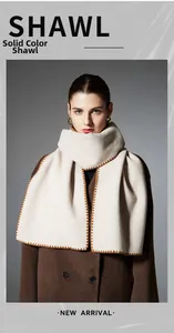 Detail shot of a beige knitted shawl with brown wavy edges worn with a dark brown wool coat