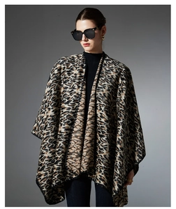 Detail shot of knitting texture and classic leopard print pattern on the women's shawl