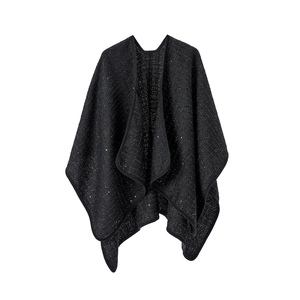 Elegant black knit wool shawl with shimmering sequins and minimalist front-open design