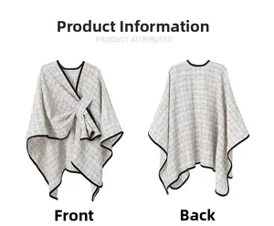 Front and back view of a black and white checkered knit shawl with button closure
