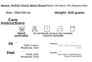Detailed product specs of plaid wool shawl showing material size and care instructions