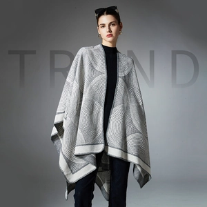 Women Geometric Jacquard Shawl Scarf Imitation Cashmere Warm Winter Cloak Wrap Vintage Retro Open Front Poncho For Ladies