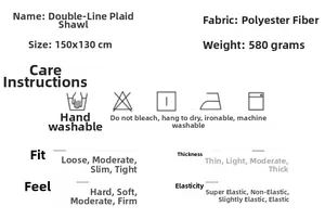 Detailed size and care specifications for the 150x130cm plaid polyester poncho wrap