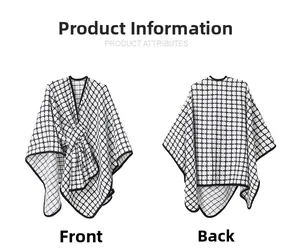 Detailed front and back view of a black and white plaid knit shawl with piped edges