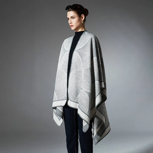 Women's gray geometric jacquard knit shawl cape with sophisticated fan pattern