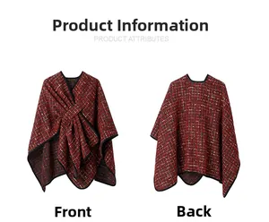 Detail view showing red plaid tweed Christmas shawl with sequin accents and bow design