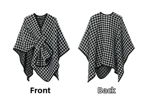 Front and back view of a black and white checkered knit shawl with tassel detailing