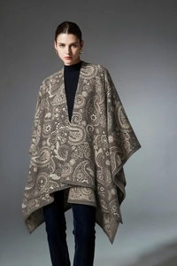 Detailed view of intricate paisley jacquard patterns on women wool blend shawl