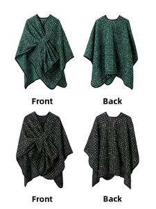 Front and back views of a V-neck tweed poncho with colorful sequins in green and black