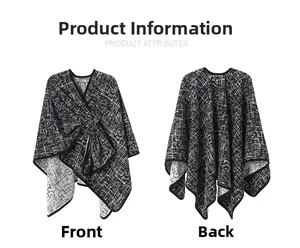 Front and back view of elegant black and white plaid faux mink knitted shawl cape