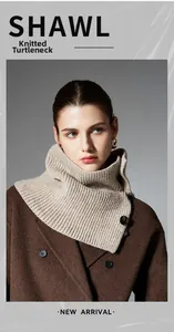 Detail of beige knit wool neck warmer with button design on deep brown winter coat