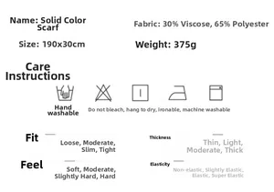 Detail specifications for solid color scarf 190x30cm made of viscose and polyester