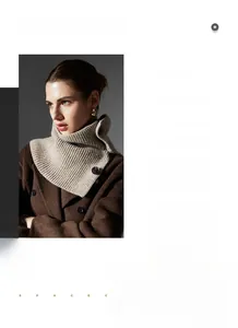 Detail view of beige ribbed knit infinity scarf featuring decorative large black buttons