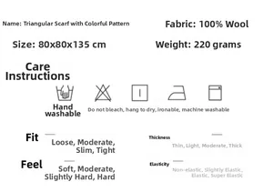 Specifications for the 100% wool plaid triangle scarf showing size 80x80x135cm and 220g weight