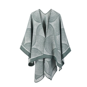 Scialle jacquard da donna con motivi geometrici in maglia verde scuro e grigio