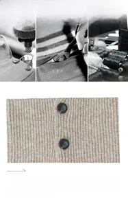 Close-up of beige wool knit neck warmer featuring ribbed texture and black buttons detail