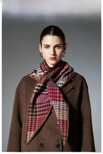 Detailed texture of a premium wool plaid shawl worn over a brown winter coat