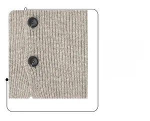 Close-up of oatmeal ribbed knit texture and two black buttons on a stylish neck warmer