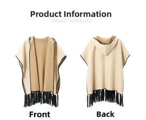 Front and back detail of hooded knit poncho with black trim and long tassels