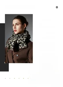 Detail of leopard print scarf with soft fleece texture worn over a brown wool coat