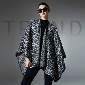 Women Leopard Print Knitted Shawl Wrap Oversized Polyester Poncho Cape Cardigan Winter Warm Open Front Streetwear Outerwear