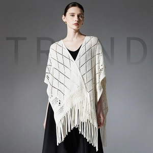 Châle Poncho en Maille Ajourée pour Femme Avec Franges Cape au Crochet pour Printemps Été Automne Mode Féminine