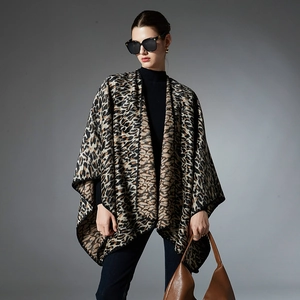 Stylish leopard print knit shawl for women with elegant cross wrap drape for autumn winter