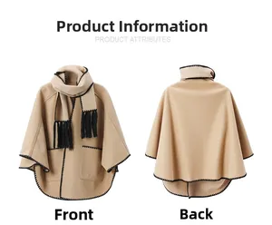 Front and back views of a camel pocket shawl with fringe scarf and black stitched edges