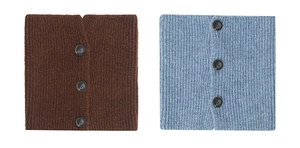 Detail of ribbed knit wool scarves in brown and light blue with a three-button design