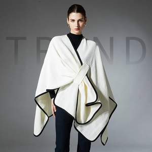 Women Waffle Weave Knit Shawl Poncho Elegant Polyester Wrap Cloak With Contrast Black Border Tie Waist Warm Cape