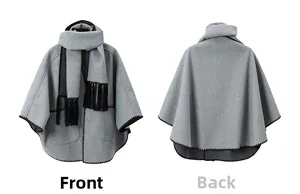 Front and back view of grey wool-like poncho cape with black whipstitch and tassels
