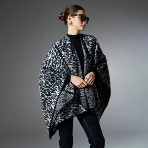 Women's chic leopard print knit shawl scarf in black and grey for autumn winter