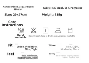 Detailed specifications chart for the wool blend knitted scarf showing size and materials