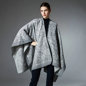 Elegant grey paisley wool knit poncho shawl for women with detailed stitching