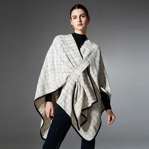 Women Plaid Shawl Poncho Wrap Winter Warm Knitted Grid Pattern Cloak Contrast Border Open Front Outerwear Cardigan