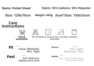 Detailed size and material specs for the gray pocket shawl and scarf set
