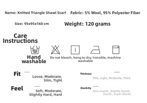 Detailed size and care specifications for the knit triangle wool blend shawl scarf