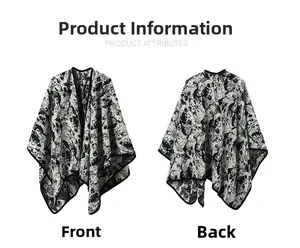 Front and back view of elegant shawl with black and white abstract marble pattern