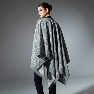 Women's grey paisley wool blend knit shawl wrap for autumn and winter seasons