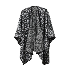 Classic black and grey leopard print knitted shawl with open front and fine stitched edges