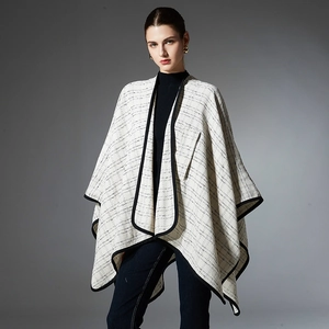 Women's cream and black checkered shawl cape with button details for autumn fashion