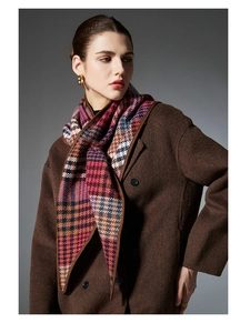 Detail of wool scarf with multi-color plaid pattern and brown piped edges on tweed coat