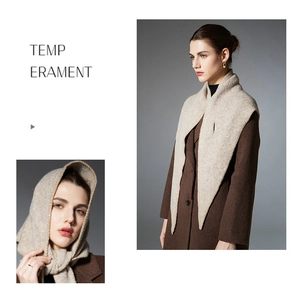 Detailed view of beige knit hooded scarf showing fine texture and hem finishing