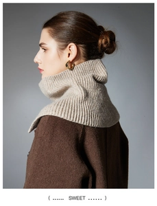 Detail showing the vertical ribbed knit texture of a beige wool neck gaiter with buttons