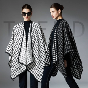 Women's Plaid Shawl Poncho Elegant Checkered Knit Wrap With Contrast Edging Warm Winter Fall Casual Cloak Outerwear Tops