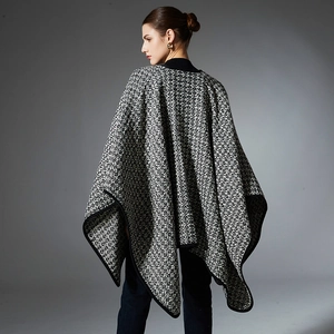 Women black and white textured wool blend shawl cape with elegant irregular hem