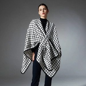 Women's black and white checkered tweed shawl cape with elegant asymmetrical drape
